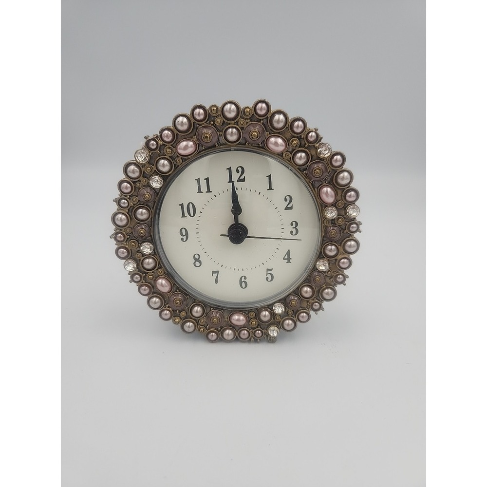Pasiir Mini Analog Table Clock With Faux Pearl And Metal Frame